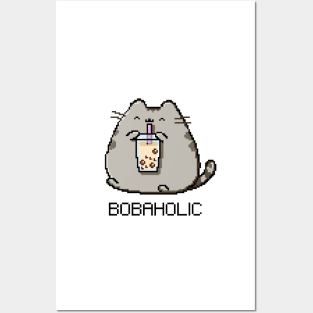 Bobaholic Pixel Chubby Cat Loves Boba Tea! Posters and Art